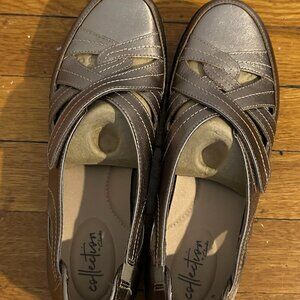 Clarks Ashland Rosa Loafers Pewter Metallic Leather sz 8 Comfort Collection
